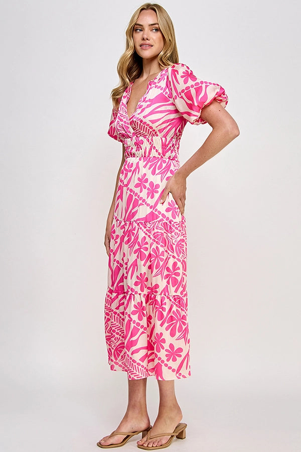 Pink Abstract Flower Print Midi Dress with Elastic Ballon Sleeves