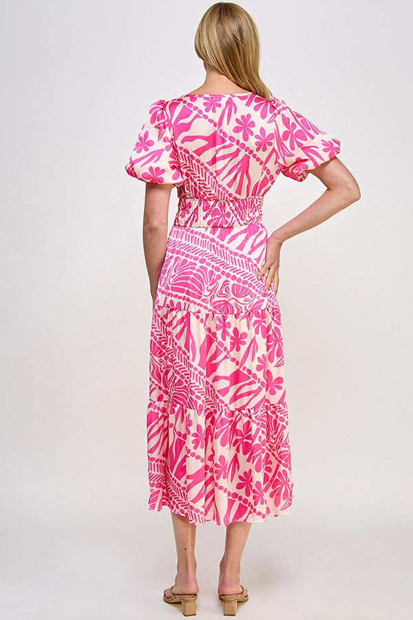 Pink Abstract Flower Print Midi Dress with Elastic Ballon Sleeves