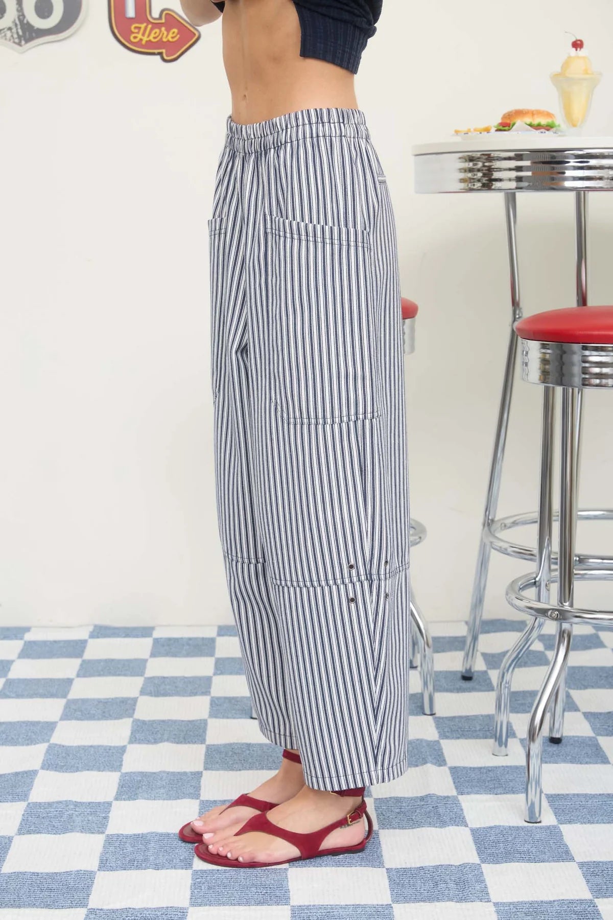 Blue Stripe Pocket Detail Wide Leg Pants