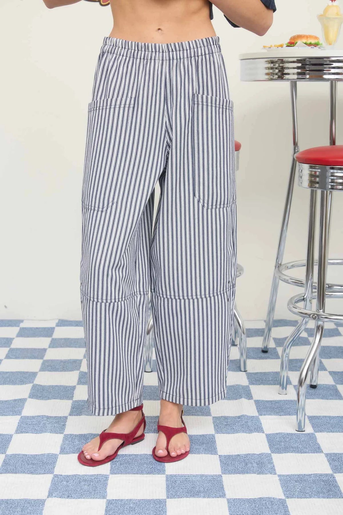 Blue Stripe Pocket Detail Wide Leg Pants