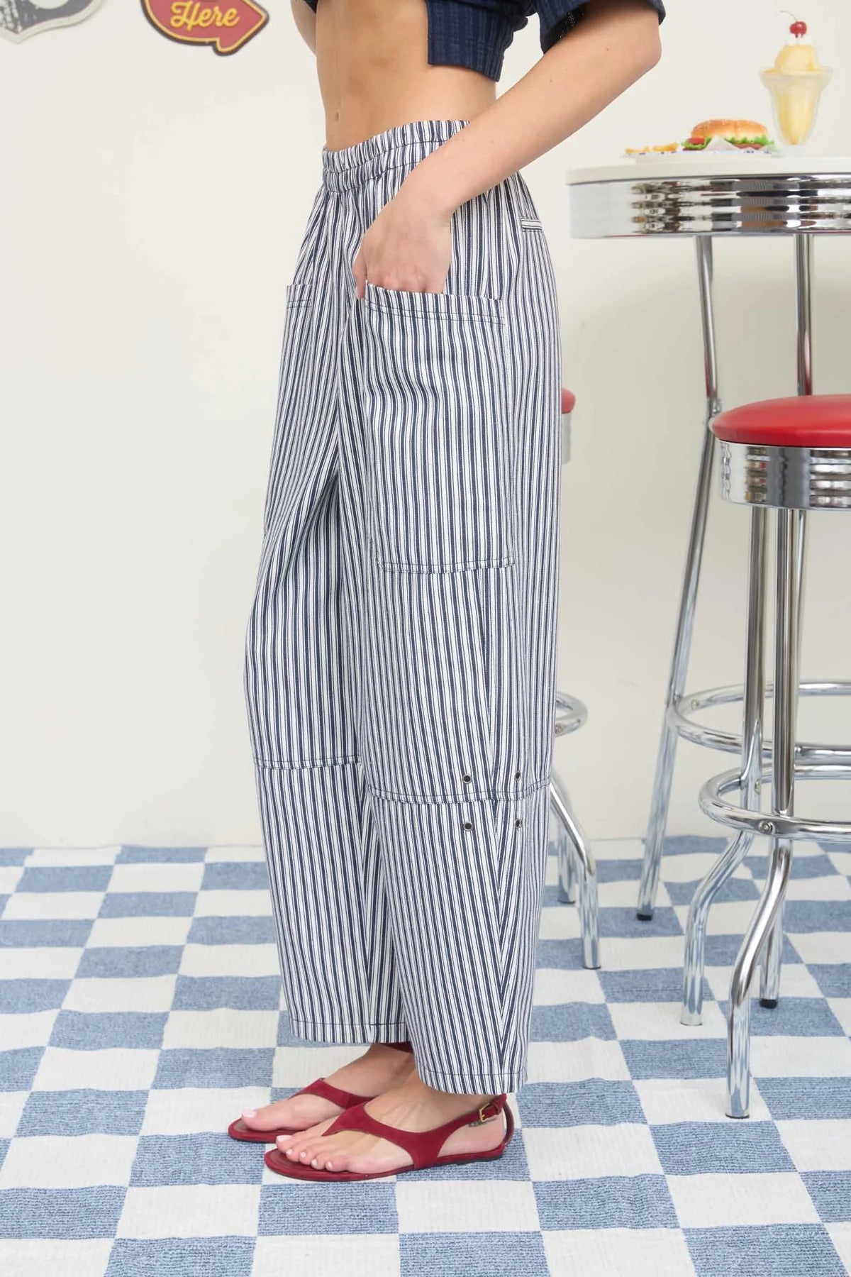 Blue Stripe Pocket Detail Wide Leg Pants