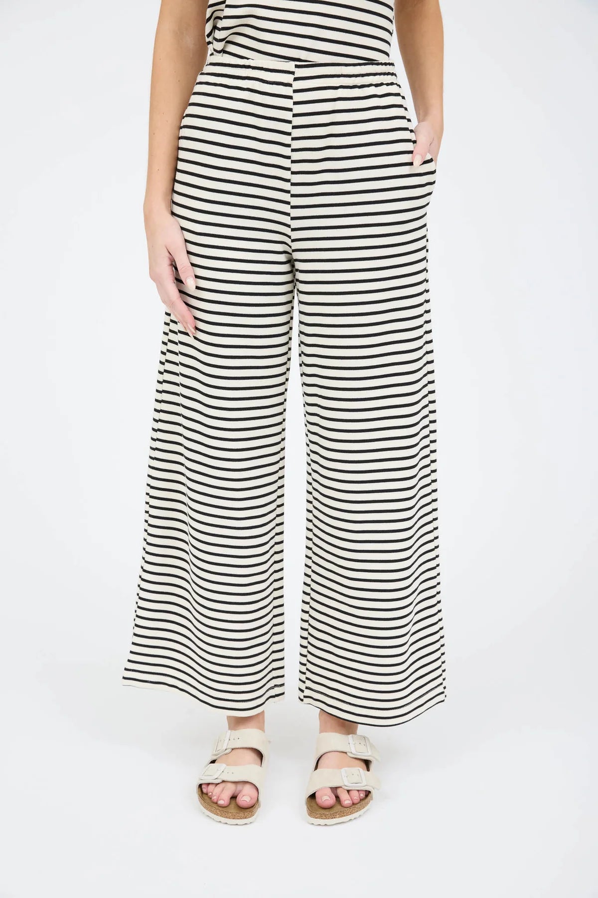 Stripe Short Sleeve Snap Button Henley Top and Wide Leg Knit Lounge Pants Set