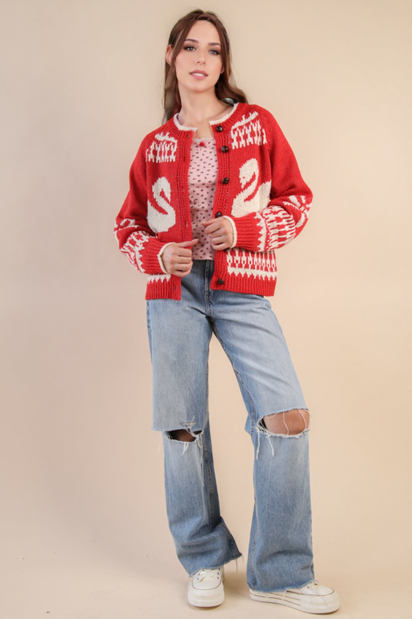 Red Oversized Graphic Casual Knit Sweater Cardigan