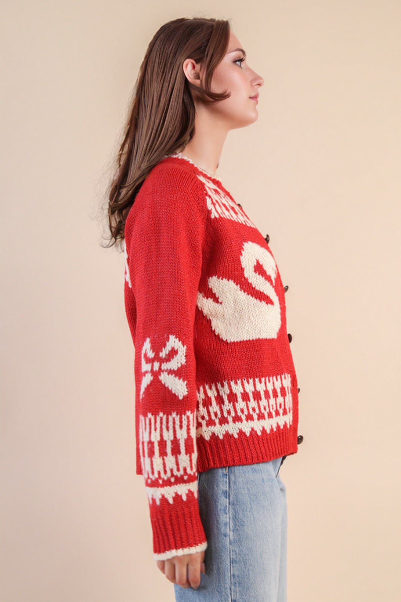 Red Oversized Graphic Casual Knit Sweater Cardigan