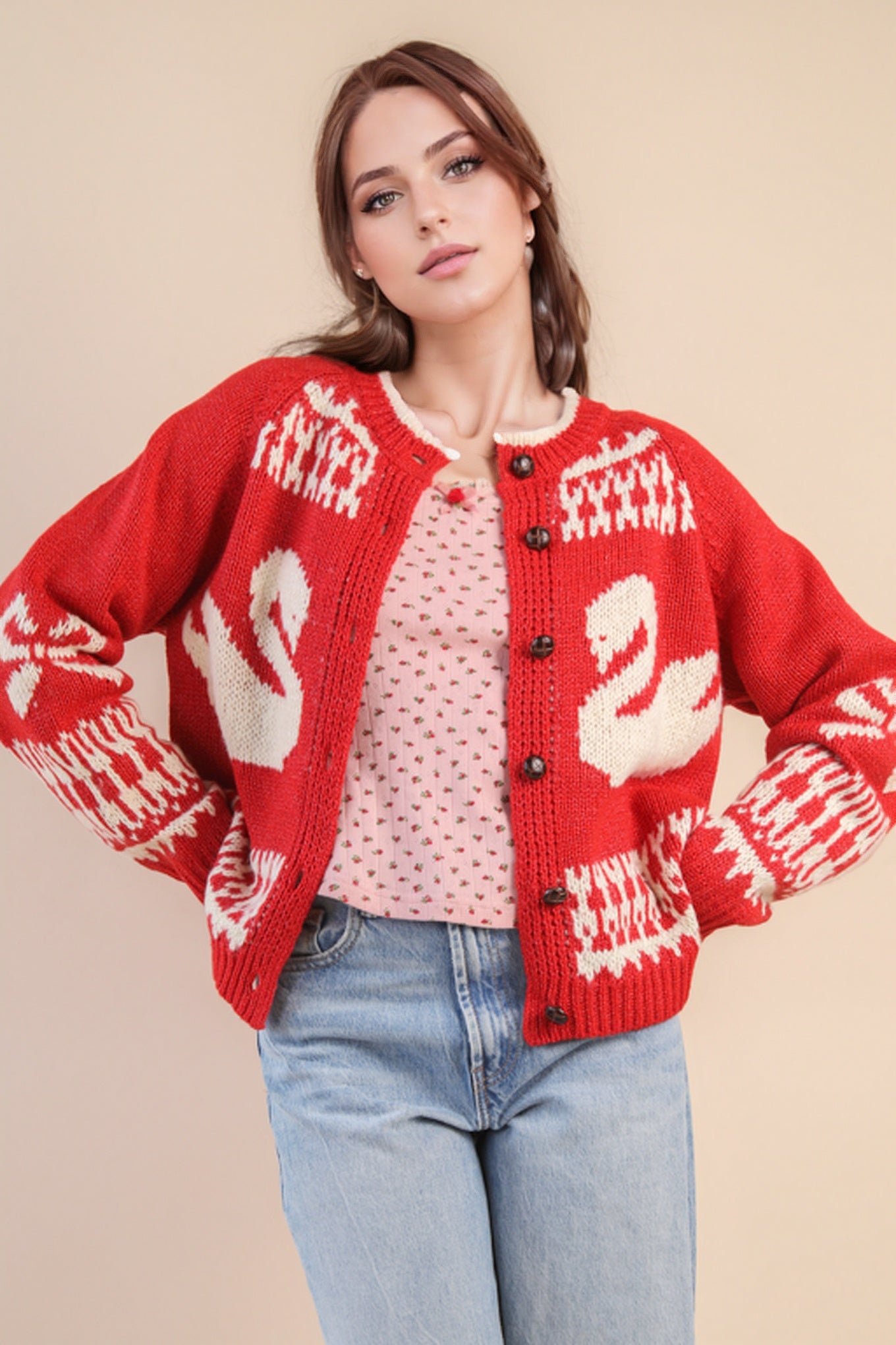 Red Oversized Graphic Casual Knit Sweater Cardigan