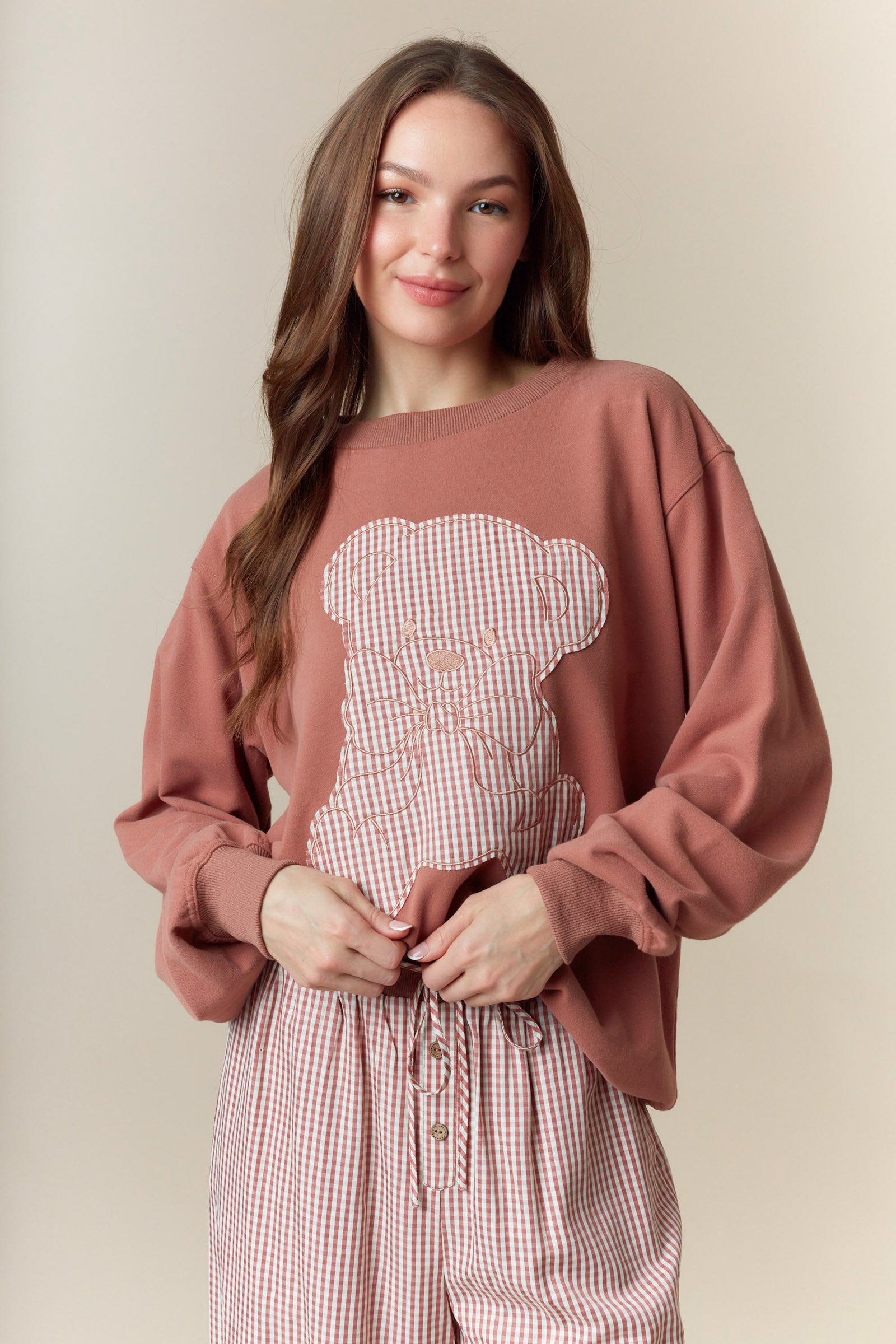 Gingham Teddy Bear  Sweatshirt and Gingham Pants  Lounge Set