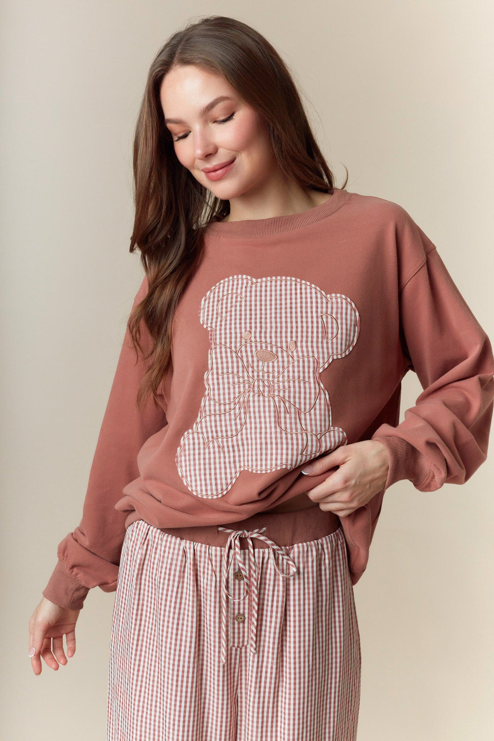 Gingham Teddy Bear  Sweatshirt and Gingham Pants  Lounge Set