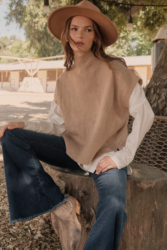 Drop Shoulder Comfy Sweater Top, Mock Neck Taupe color