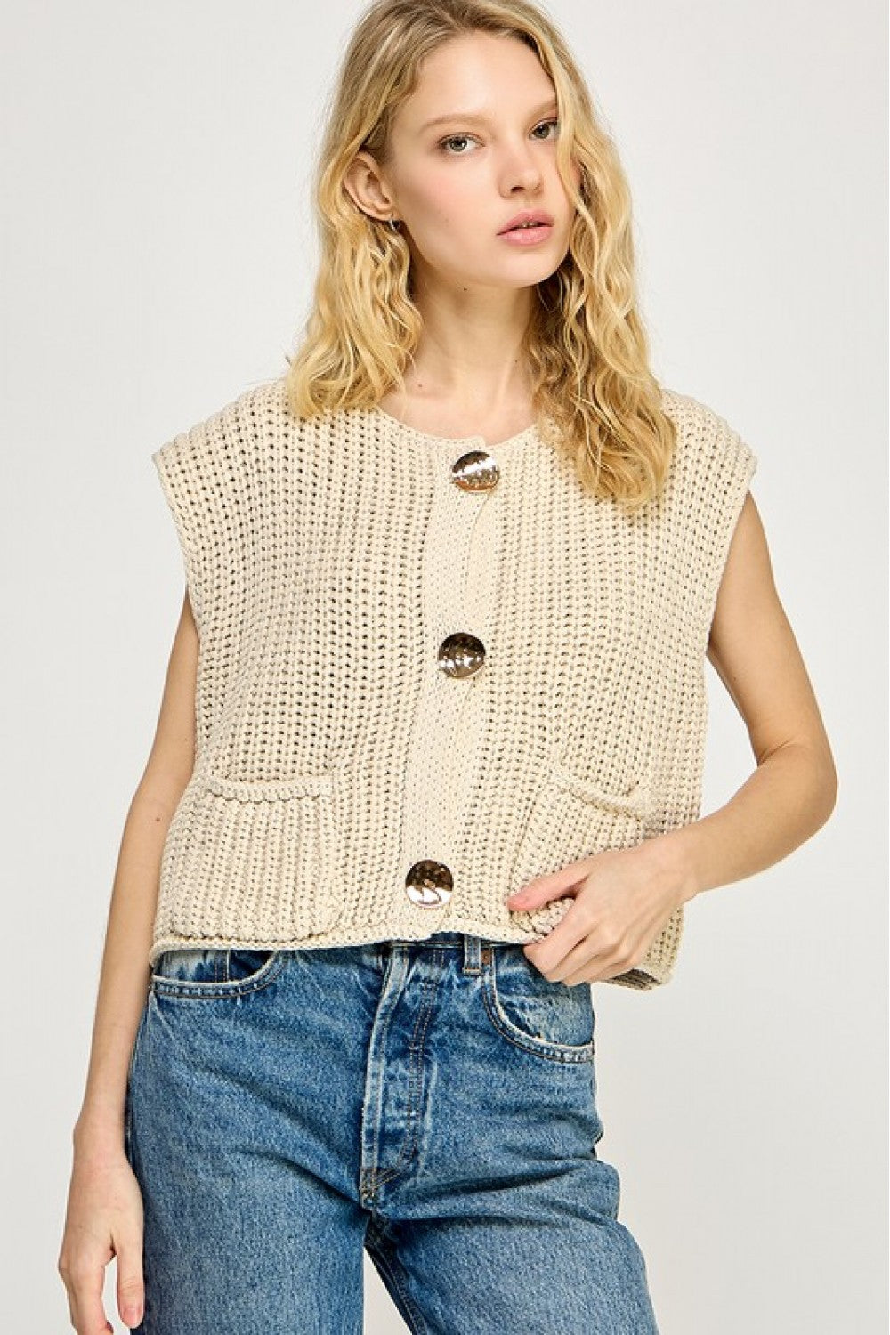 Natural Crochet Chunky  Knit Vest Button Down