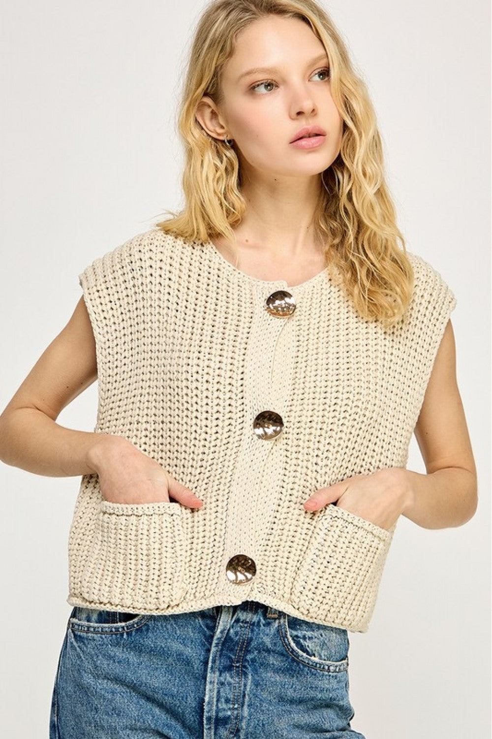Natural Crochet Chunky  Knit Vest Button Down