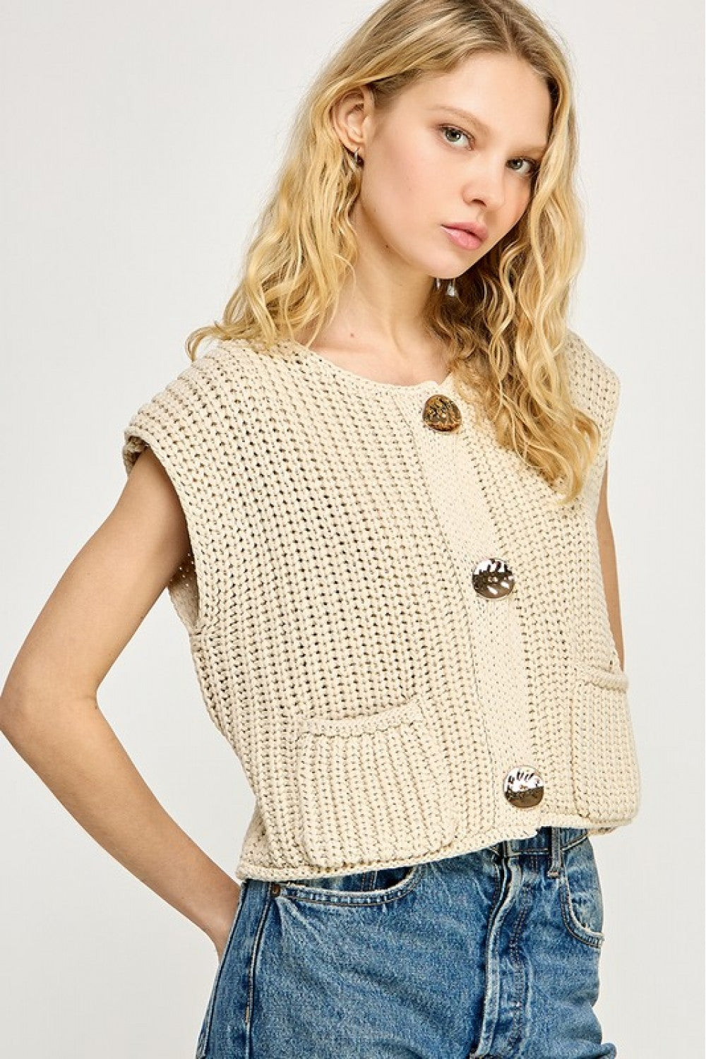 Natural Crochet Chunky  Knit Vest Button Down